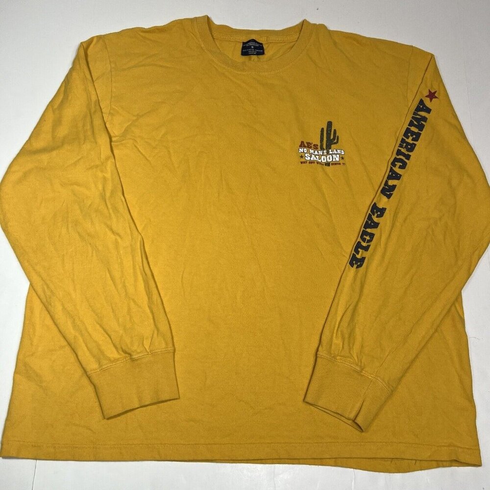 Vtg American Eagle Mens Sz M Yellow No Mans Land Saloon Long Sleeve T-shirt Flaw